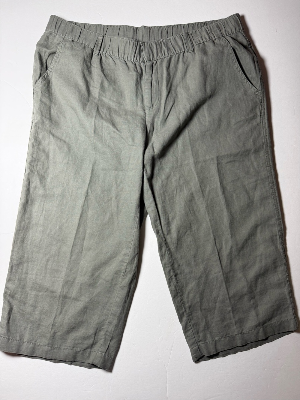 Liz Claiborne P Large Sage Green Linen Blend Crop Pants elastic waist Capri wide